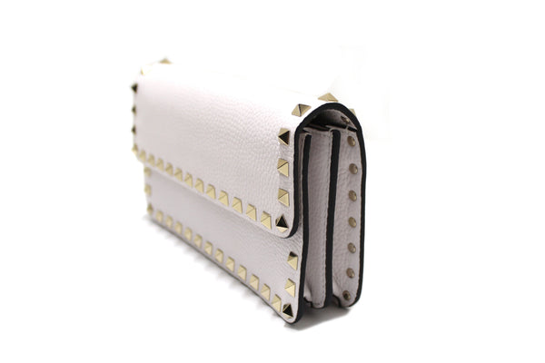Valentino Garavani Rockstud White Grainy Calfskin Leather Wallet with Chain