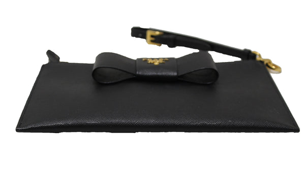 Prada Black Saffiano Leather Bow Wristlet Pouch