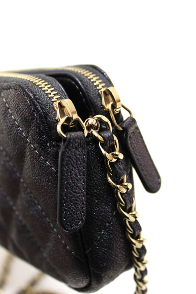 Chanel Quilted Black Iridescent Caviar Double Zip Wallet On Chain