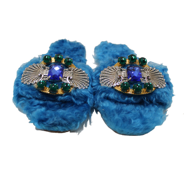 Miu Miu Teal Turquoise Blue Sherling Fur Rhinestones Flat Sandals Shoes Size 35