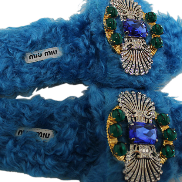 Miu Miu Teal Turquoise Blue Sherling Fur Rhinestones Flat Sandals Shoes Size 35