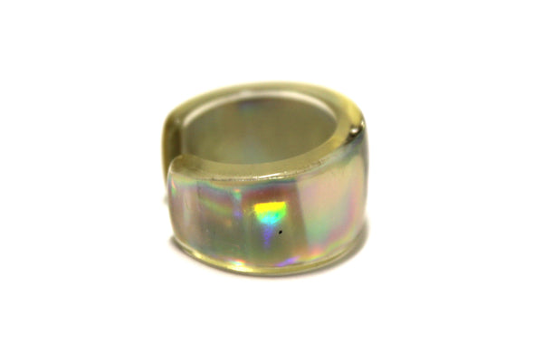 Vintage Chanel Hologram Silver CC Acrylic Open Ring Size 7