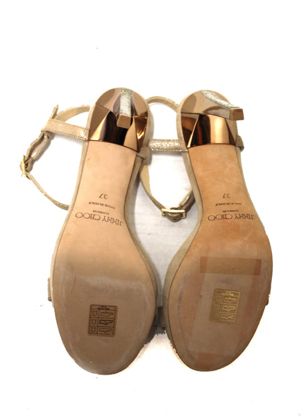 Jimmy Choo Champagne Gold Glitter Pandora Pump Heel Sandal Size 37