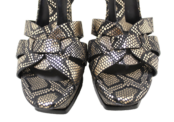 Saint Laurent Metallic Black/Gold Python Embossed Leather Tribute Platform Sandals Size 39