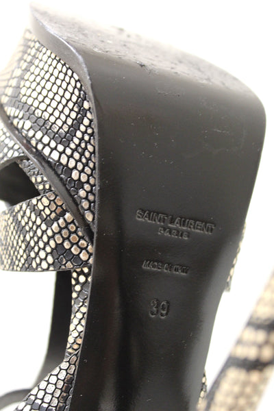 Saint Laurent 金屬黑色/金色蟒蛇紋壓紋皮革致敬厚底涼鞋 39 碼