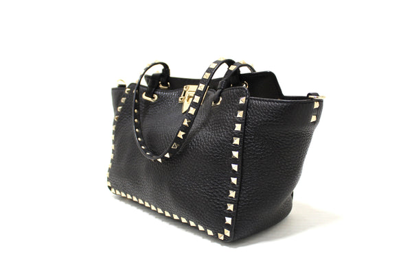 New Valentino Black Small Rockstud Calfskin Leather Tote Shoulder Bag