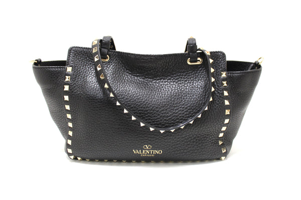 New Valentino Black Small Rockstud Calfskin Leather Tote Shoulder Bag