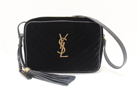 YSL YVES Saint Laurent黑色天鵝絨皮革Lou相機Messenger Bag