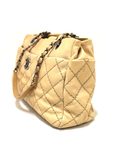 Chanel 31 Rue Cambon Paris Beige Stitched Quilted Lambskin Leather Tote Shoulder Bag