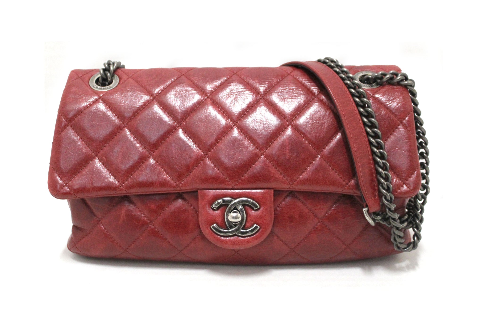 Chanel Red Aged Calfskin Leather Quilted Medium Easy Flap Shoulder