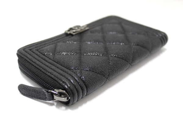 NEW Chanel Black Quilted Caviar Leather Boy Small Zip Around Wallet