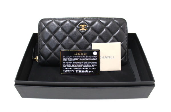 Chanel Black Quilted Lambskin Leather Large Gusset Zip Around Wallet