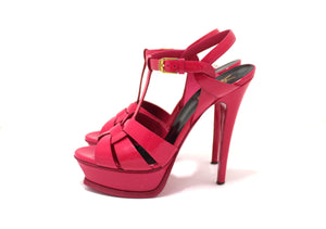 Yves Saint Laurent YSL Pink Patent Leather Tribute Platform Sandals Size 37