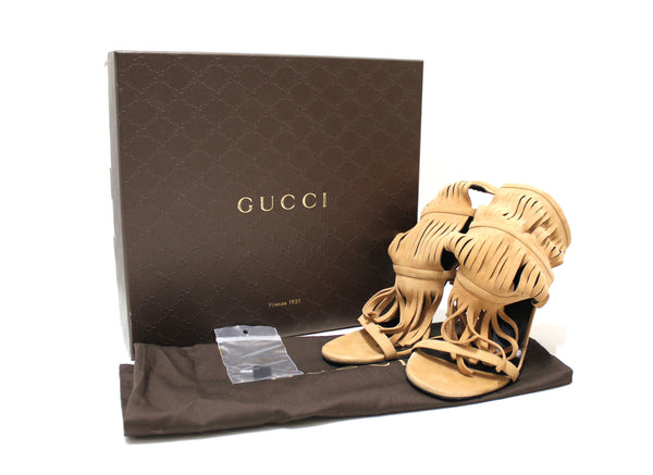 Gucci Beige Becky Suede Fringe Hi Camelia Heels Size 38