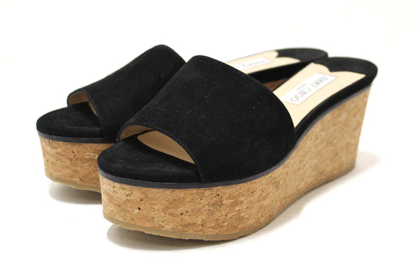 Jimmy Choo Black Suede Leather Cork Wedge Platform Heel Shoes size 39