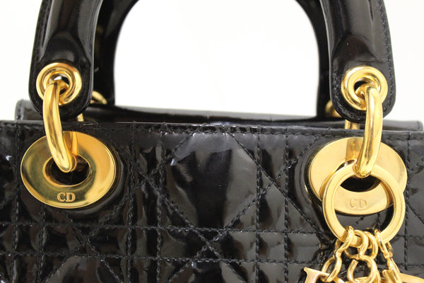 Christian Dior Black Patent Leather Cannage Mini Lady Dior Bag
