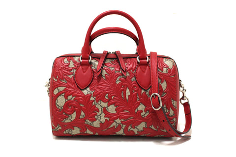 Gucci Brown GG Coated Canvas Supreme with Red Leather Arabesque Top Handle Small Boston Bag