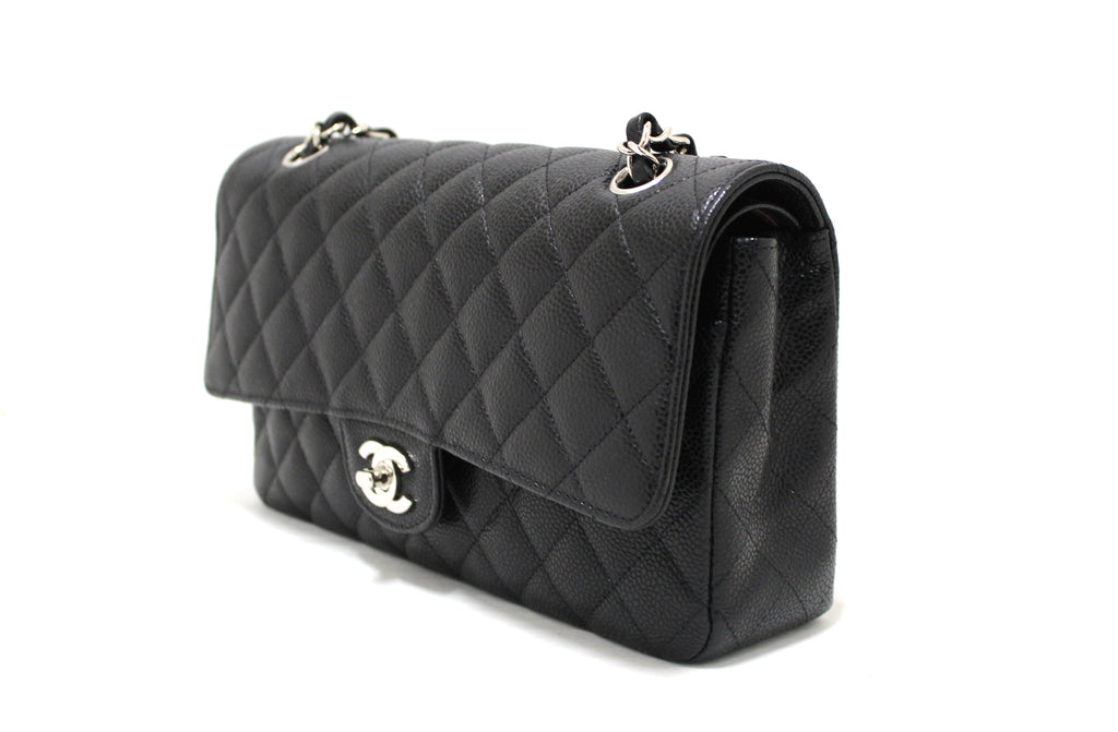 Chanel Black Quilted Caviar Leather Medium Classic Double Flap SHW 2CK0308  For Sale at 1stDibs
