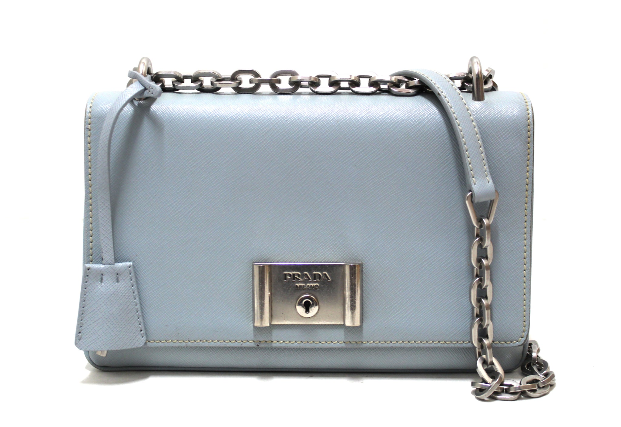 Prada Powder Blue Saffiano Leather Mini Bag With Chain Crossbody Bag