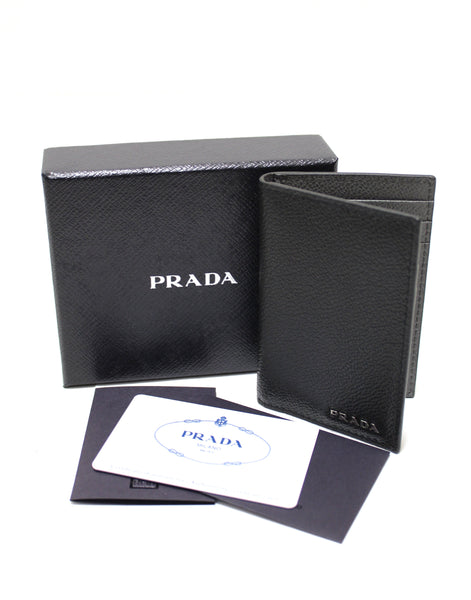 New Prada Black Calfskin Micro-Grained Leather Bifold Card Holder