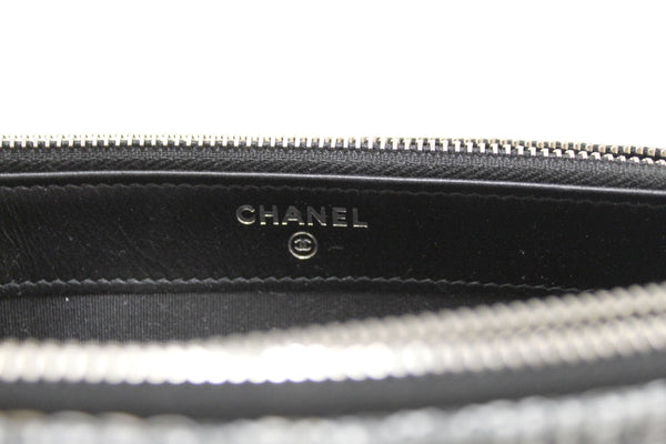 Chanel 灰色粗花呢帆布雙拉鍊鏈條錢包