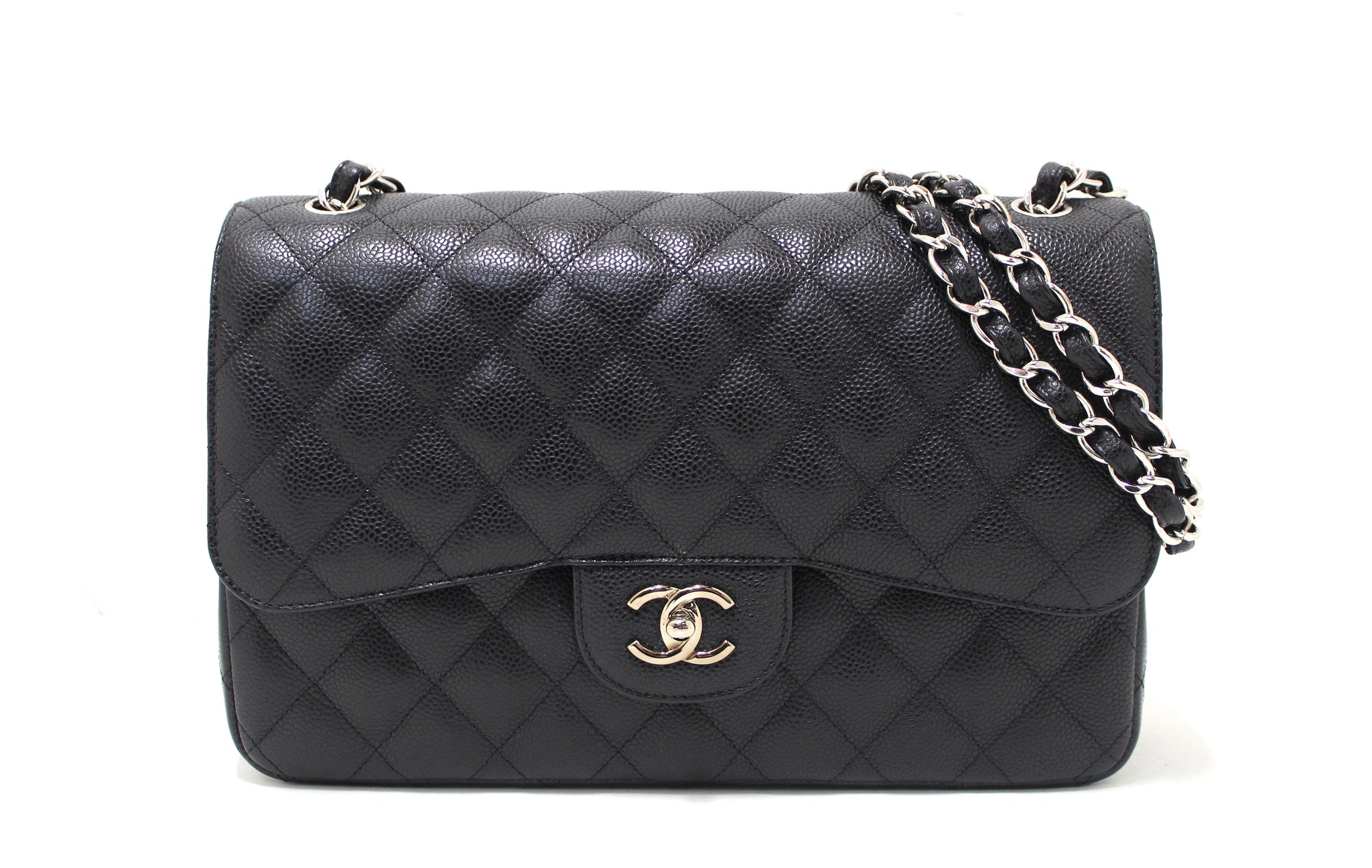 Authentic Chanel Black Quilted Caviar Leather Classic Jumbo Single Fla –  Paris Station Shop
