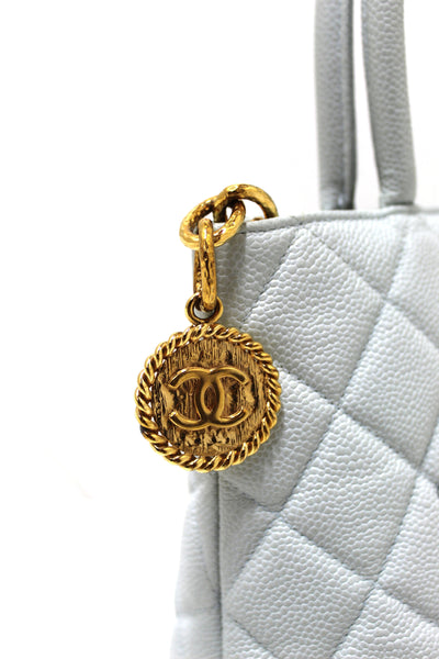 Chanel Light Blue Caviar Leather Medallion Shoulder Tote Bag