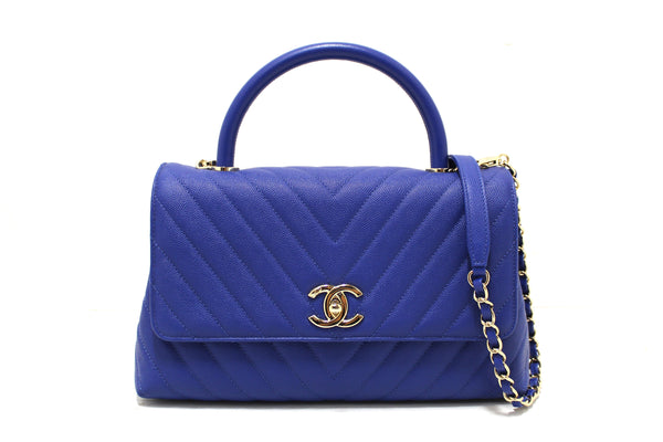 Chanel Blue Chevron Caviar Leather Medium CoCo Handle Flap Bag