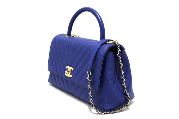 Chanel Blue Chevron Caviar Leather Medium CoCo Handle Flap Bag