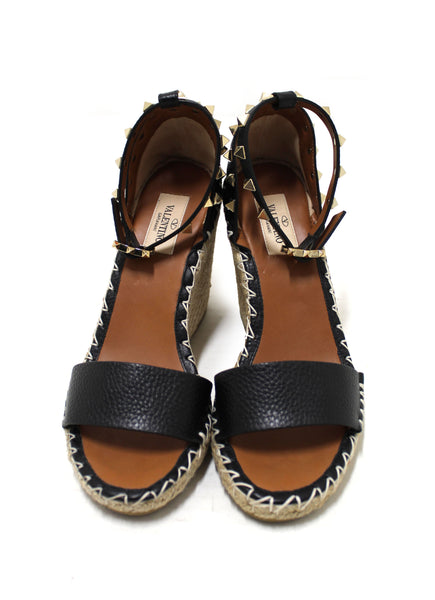Valentino Black Leather Rockstud Wedge Heel Sandal Shoes 37
