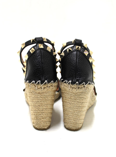Valentino Black Leather Rockstud Wedge Heel Sandal Shoes 37