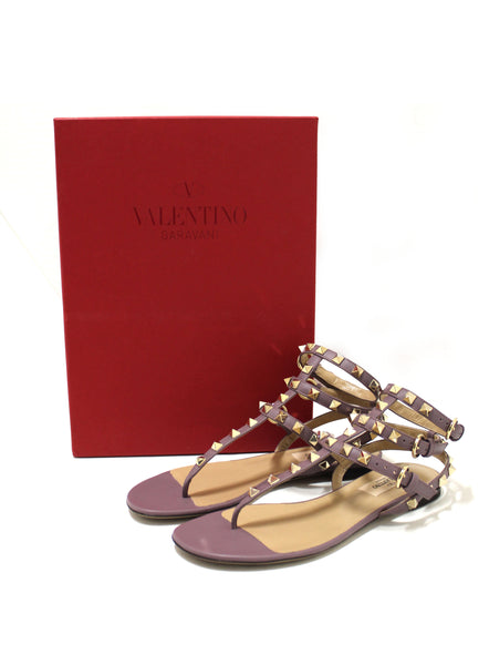 全新 Valentino 紫色皮革 Rockstud 人字拖涼鞋 36 碼
