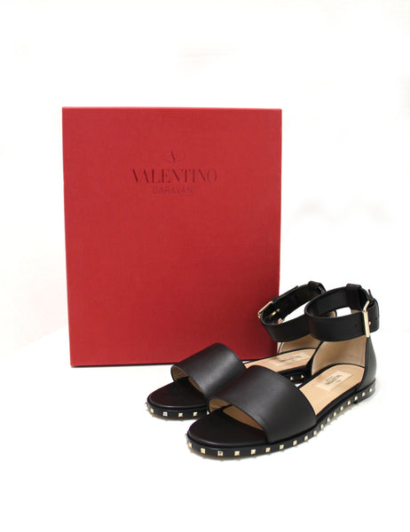 全新 Valentino 黑色皮革厚踝帶鑲釘涼鞋鞋碼 36.5