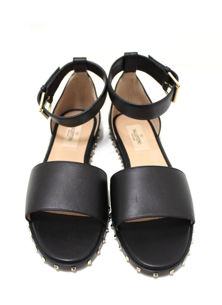 NEW Valentino Black Leather Thick Ankle Strap Studded Sandals Shoes Size 36.5