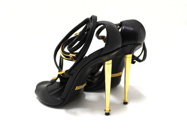 Tom Ford Black Leather and Gold Metal Strap Sandal Heels Size 36.5