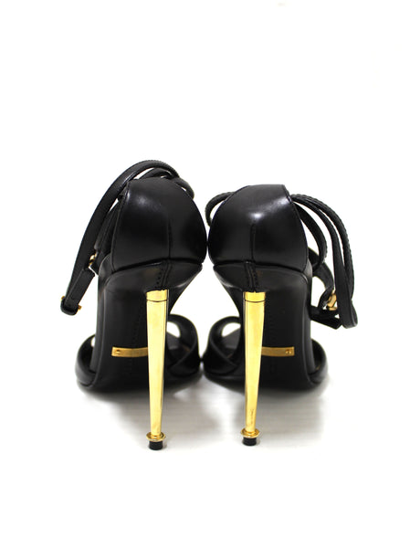 Tom Ford Black Leather and Gold Metal Strap Sandal Heels Size 36.5