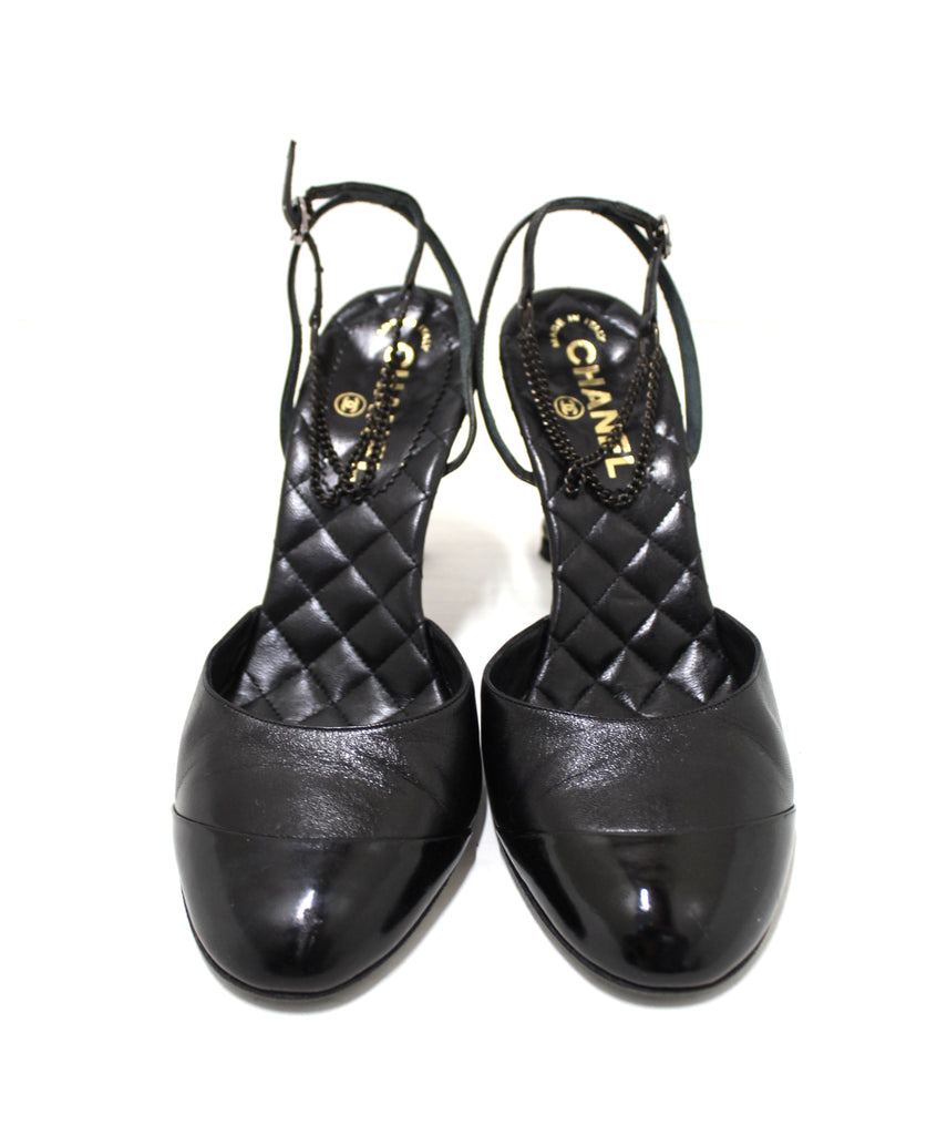Chanel Black Patent Strappy Sandals Camellia Chunky Heel Black 40 CC Logo - 10