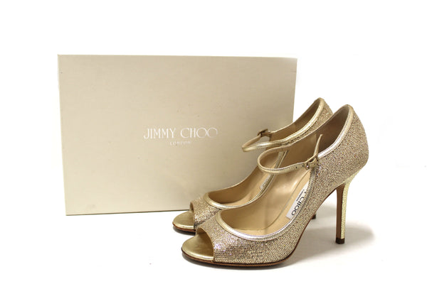 Jimmy Choo 香檳金亮片布料高跟涼鞋尺寸 36.5