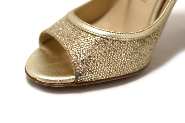 Jimmy Choo Champagne Gold Glitter Fabric Pump Heel Sandal Size 36.5