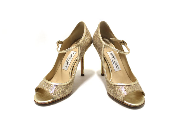 Jimmy Choo Champagne Gold Glitter Fabric Pump Heel Sandal Size 36.5