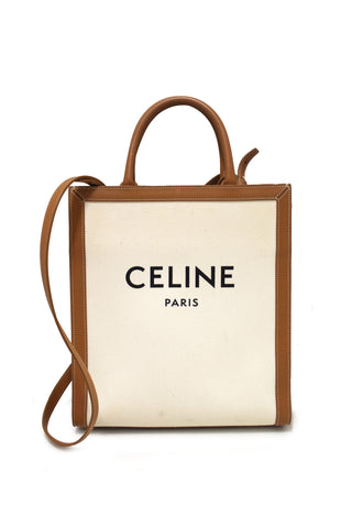 Celine Beige Canvas with Brown Calfskin Logo Print Small Vertical Cabas