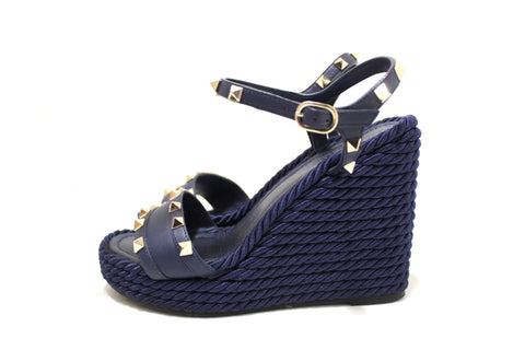 Valentino Blue Rockstud Espradrille Wedge Heel Sandal Shoes 37