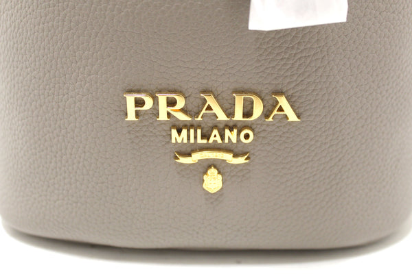 NEW  Prada Grey Calf Leather Drawstring Bucket Messenger Bag