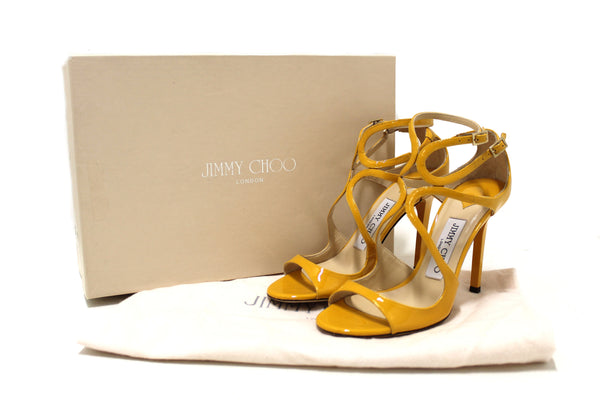Jimmy Choo 黃色漆皮帶涼鞋，尺寸 35.5