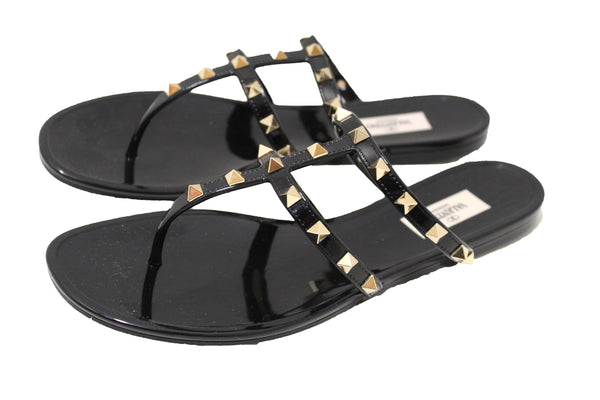 Valentino Garavani Black PVC Rockstud T-Strap Flat Slide Sandals Size 41