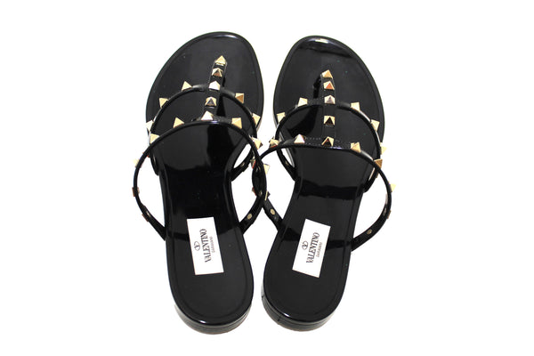 Valentino Garavani黑色PVC Rockstud T-STRAP平面滑梯涼鞋尺寸41