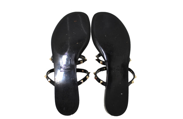 Valentino Garavani Black PVC Rockstud T-Strap Flat Slide Sandals Size 41