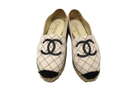 Chanel Beige/Black Canvas Stitched Espadrilles Shoes Size 35