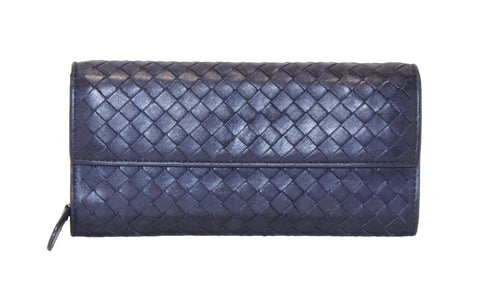 Bottega Veneta Blue Nappa Intrecciato Leather Flap Wallet