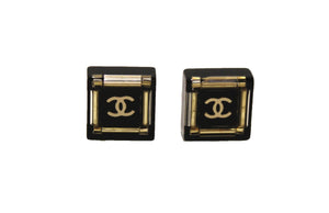 Chanel Black and Gold CC Resin Square Timeless Classic Earrings